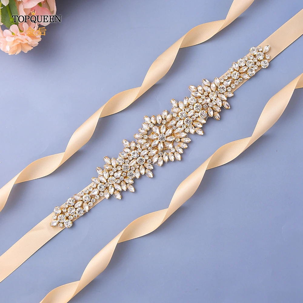 TOPQUEEN S319-G Plus Size Bridal Gowns Belts Golden Belts for Women Rhinestones Belt Girlfriend Luxury Ribbon Belt Wedding Sash