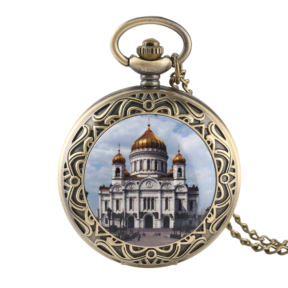 Orthodox Church Moscow Famous Russian Christian Saviour Cathedral Pattern Quartz Pocket Watch Religious Necklace Pendant Watch