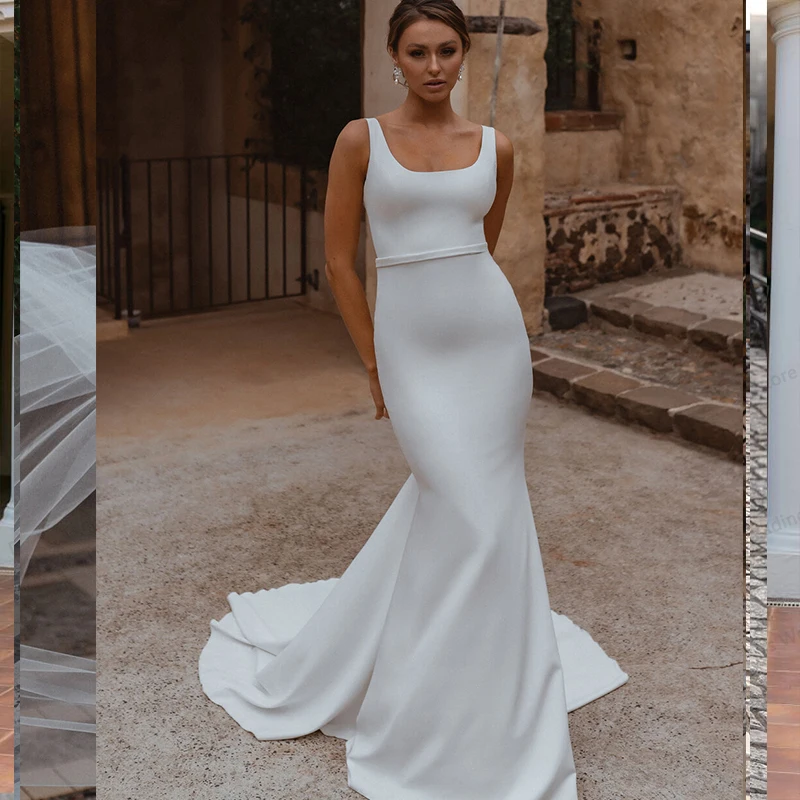 Suknie ślubne syrenka kwadratowy kołnierzyk aplikacje prosta satynowa linia Vintage suknia ślubna Backless suknia dla panny młodej vestido de noiva