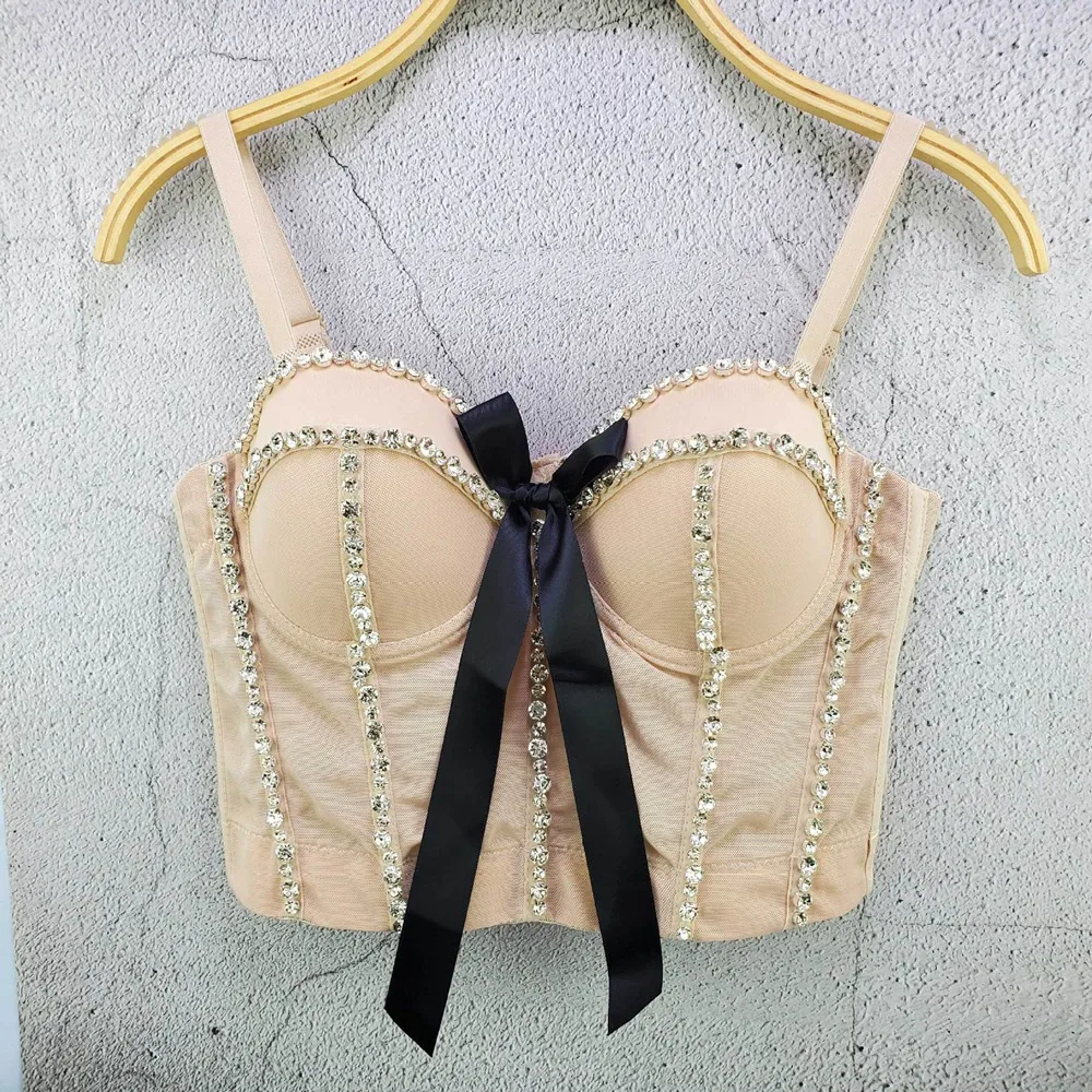 

Cupnaya Ribbons Women Sexy Rhinstones Crop Top Bustier Summer Short Corset Bralette Camisole Tube Tank Vest Black White Apricot
