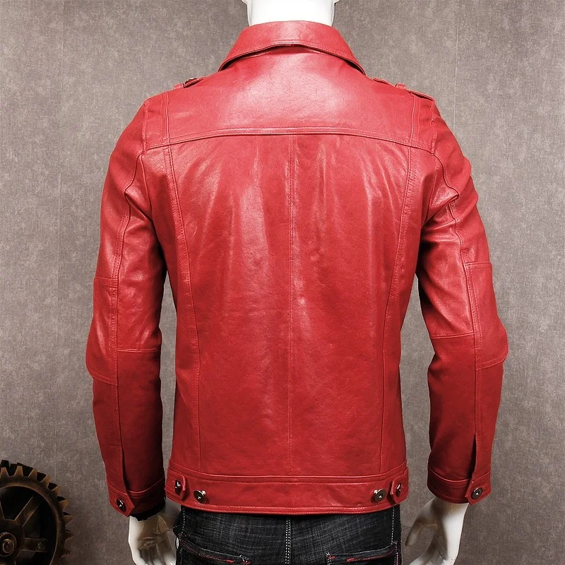 New Autumn Men Goatskin Genuine Leather Jacket Korean Brand Slim Fit Causal Pockets Single Breasted Red Leather Coat Plus Size