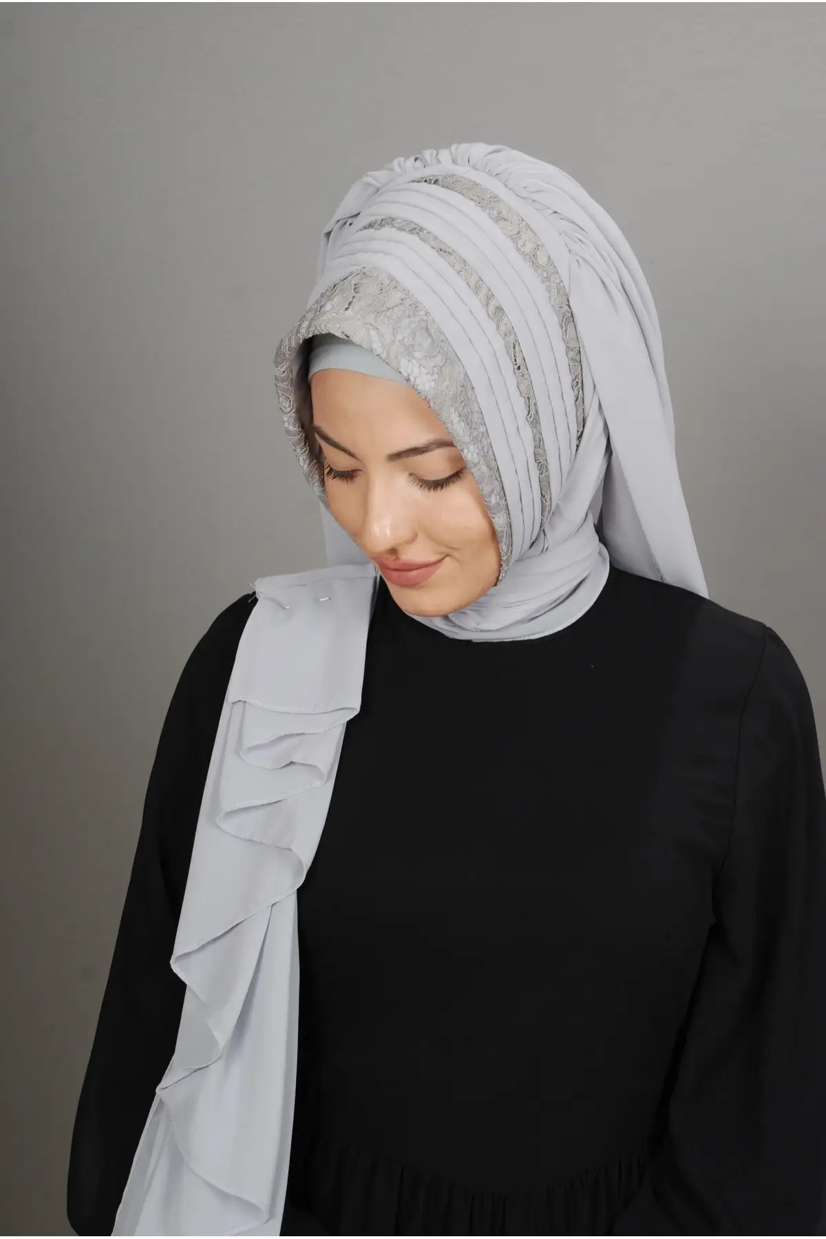 Instant Hijab Ruched Princess Pattern Gray Color