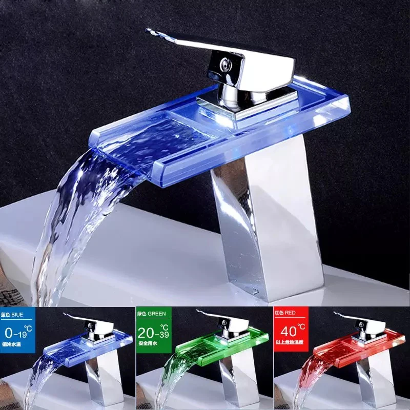 

BECOLA Glass Water Power LED Washbasin Faucet Temperature Controlled 3 Colors Bathroom Faucet Waterfall Basin Tap 8059