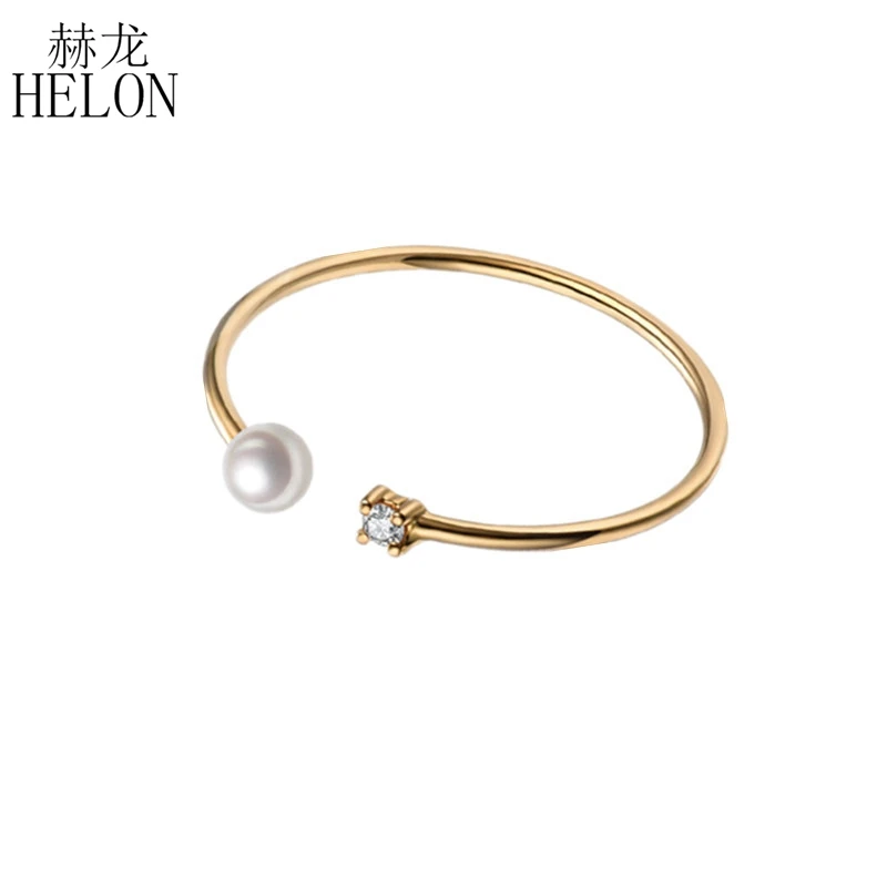 

HELON Solid 10k Yellow Gold SI/H Natural Diamond Band White FreshWater Pearl Women Ring Engagement Party Fine Jewelry Thin ring