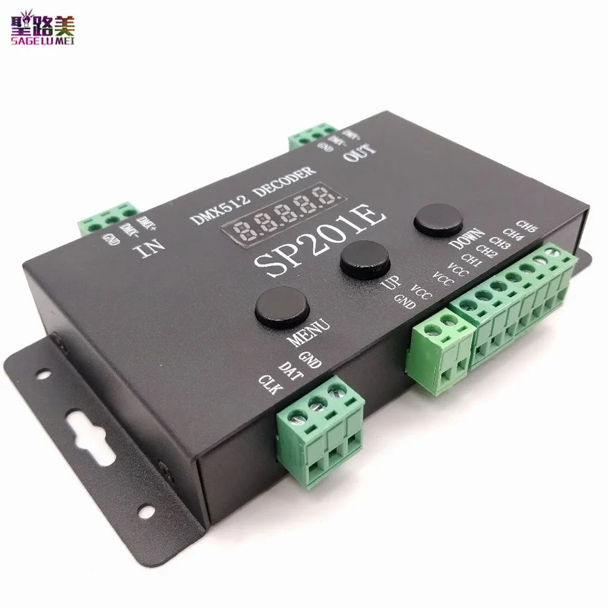 Sp201e dmx512 controlador decodificador led, suporta quase todos os tipos de controle rgb, faixa apa102, 2811, 2812, 6803, 2801