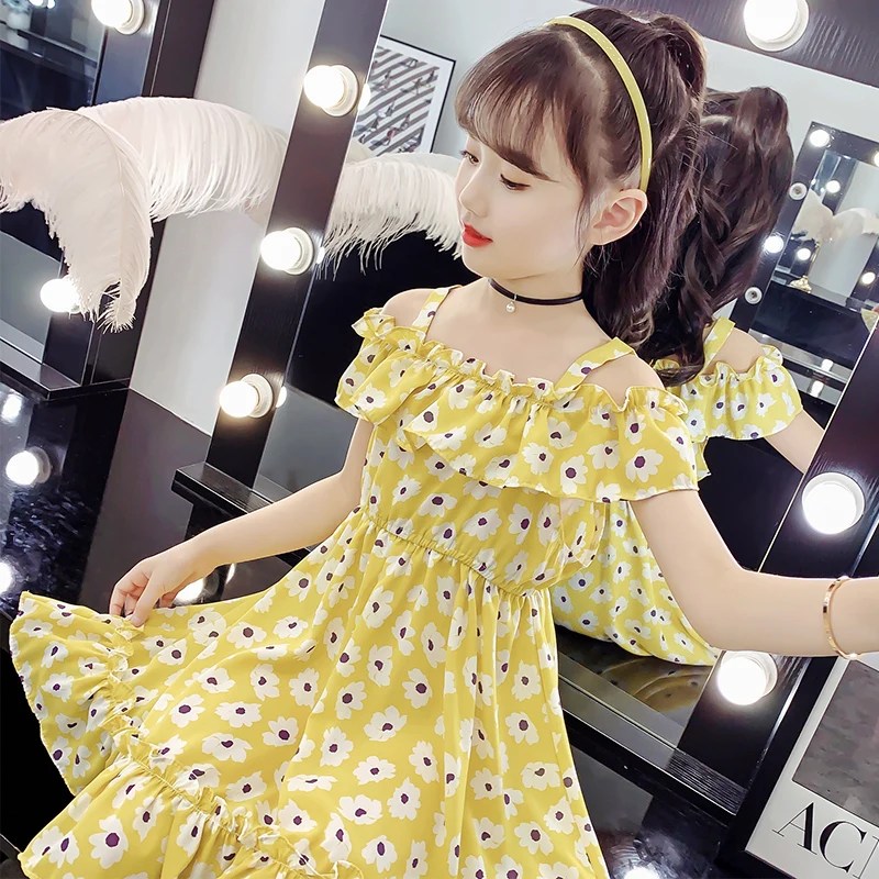 Girls Chiffon Dress Summer 2021 New Arrival Girls Floral Princess Dress Flounce Sling Clothes For Baby Girls Students