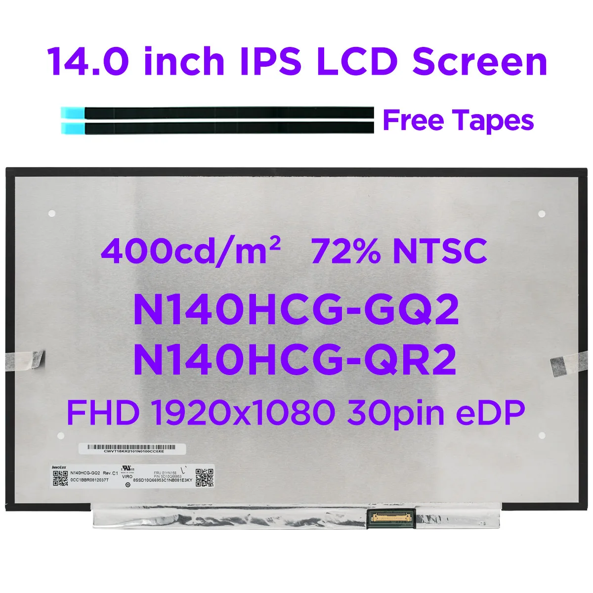 Pantalla LCD para portátil Lenovo ThinkPad X1, N140HCG-GQ2 de carbono, 7ª y 8ª generación, 14,0 nits, 400 NTSC, FHD, 30 Pines, eDP, 72%