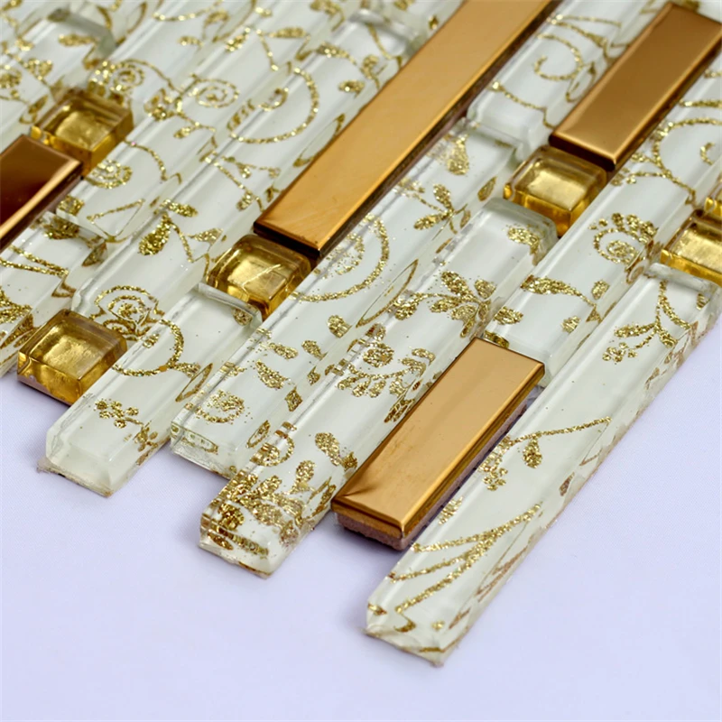 Modern Stirp Stainless Steel Metal Strip Gold Flower Glass Mosaic Tile for Kitchen Backsplash shower Bathroom Firewall wall