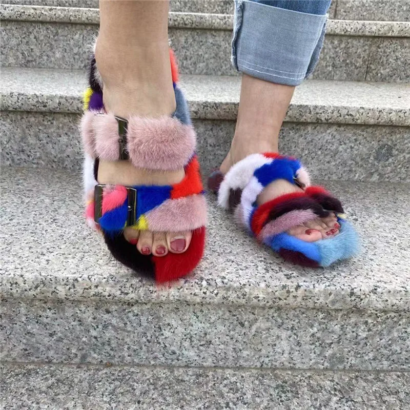New Ladies Mink Slippers Luxury Fashion Colored Fur Slippers Outdoor Travel Women\'s Sandals Designer Slides Flat Casual Shoes