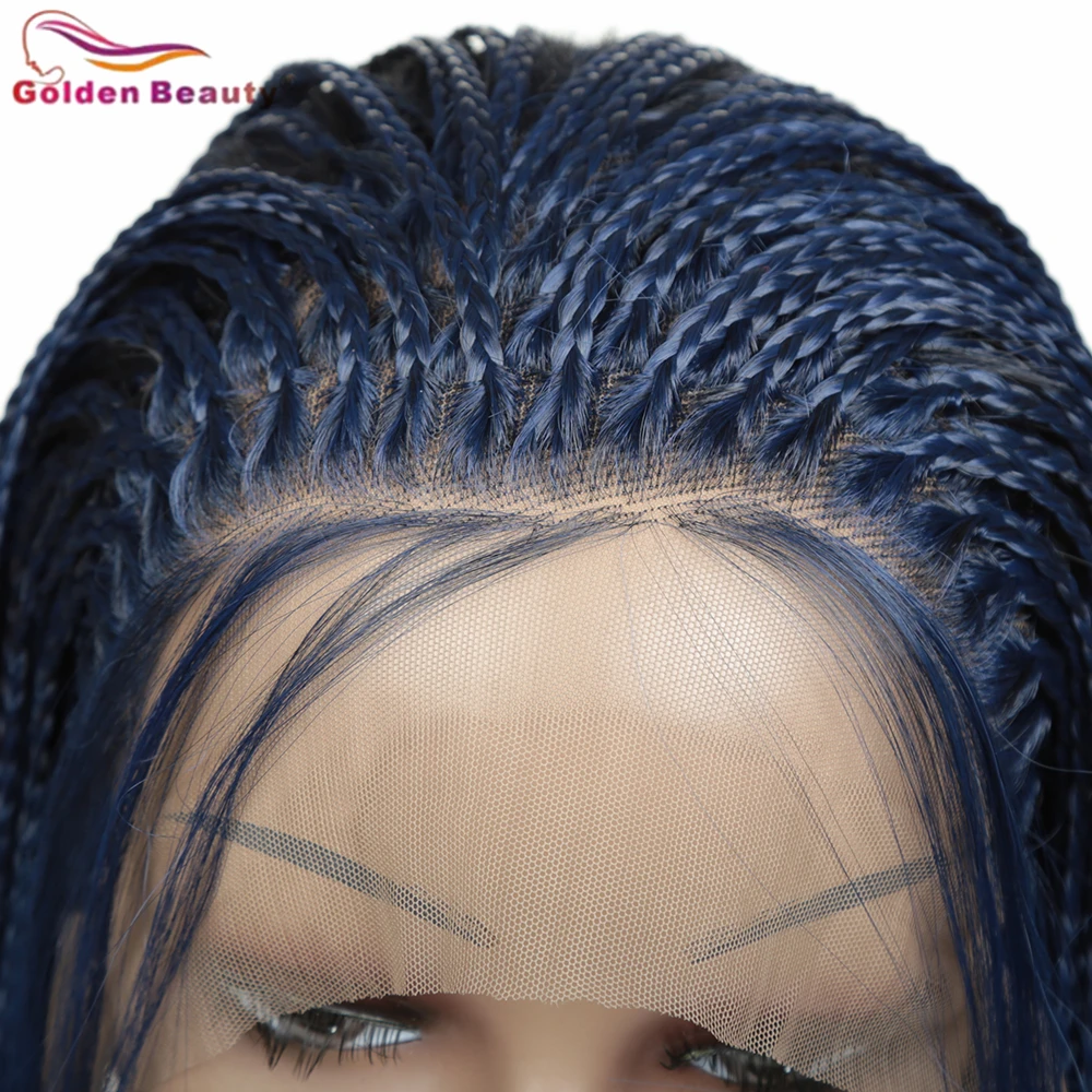 Golden Beauty Synthetic Baby Hair Lace Frontal Wig 3X Box Braids Wig High Temperature Fiber Blue 24Inch 360g For Black Women