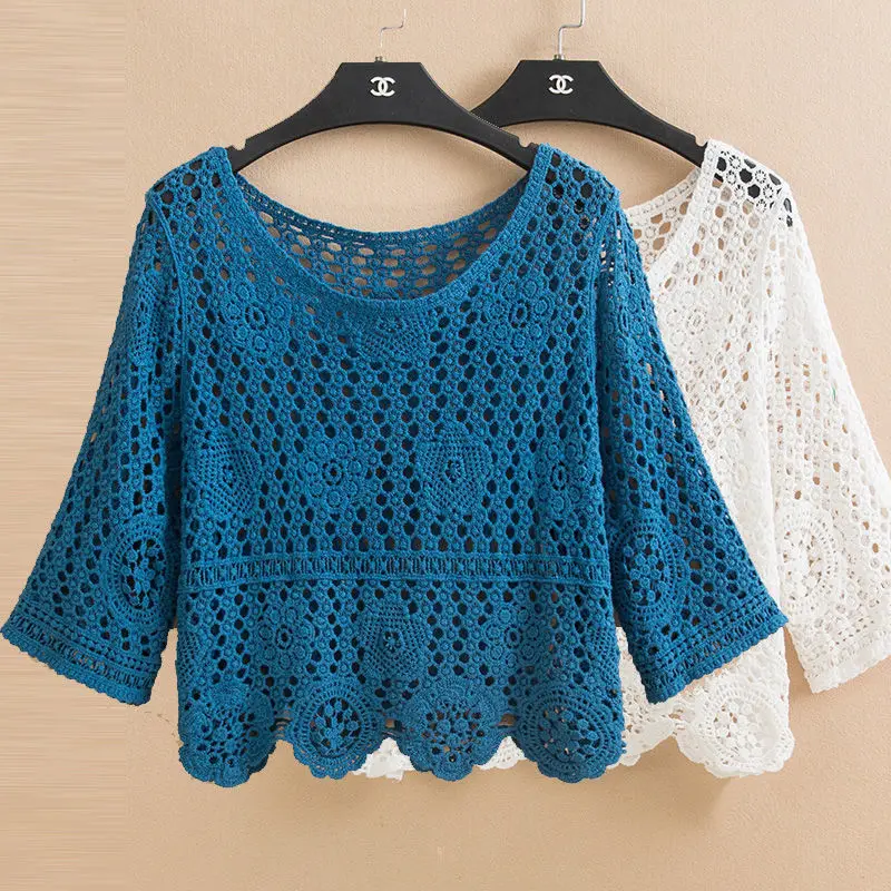 Pullover summer short hedging knitted hollow flower small outer super fairy all-match lace top