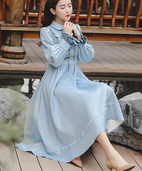 

High Quality Best-selling Retro Autumn Winter New Arrival Peter Pan Collar Bowknot Flower Embroidery Woman Long Dress Sky Blue