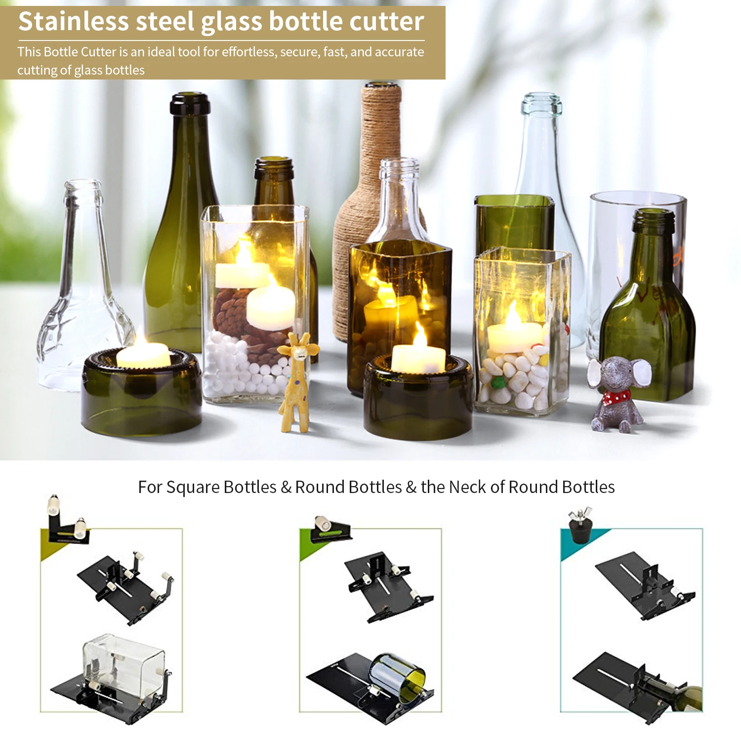 19PC Glass Bottle Upgrade Version Square and Round Wine Beer Glass Sculptures Cutter for DIY Glass Cutting Machine Metal Pad