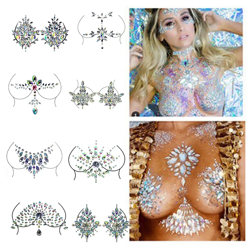 

Hot Sexy Chest Jewels Temporary Tattoo Sticker 3D Stage Rhinestone Flash Tattoos Adhesive Face Jewel Chest Gem Body Paint