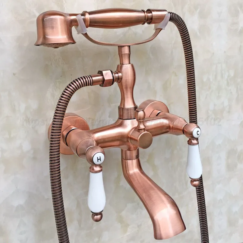 

Antique Red Copper Bathtub Shower Faucets Set Hot & Cold Bath Shower Mixer Taps With Handheld Wall Mounted Dual Handle ztf806