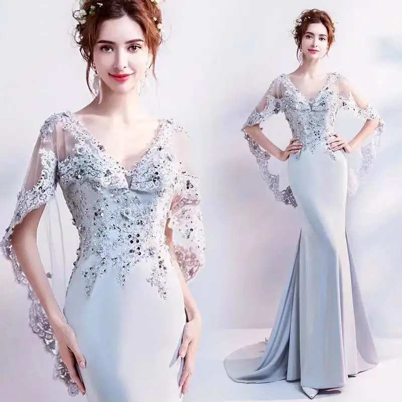 

new Muslim Evening Dresses 2025 Mermaid 3/4 Sleeves Lace Beaded Slit Tulle V-Neck Dubai Kaftan Saudi Arabic Long Evening Gown