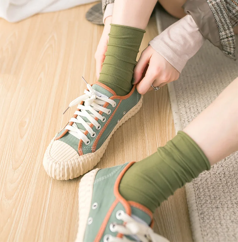 Casual socks Japanese Korea High School Girls High Socks Loose Solid Colors Double Needles Knitting Cotton Long Socks Women