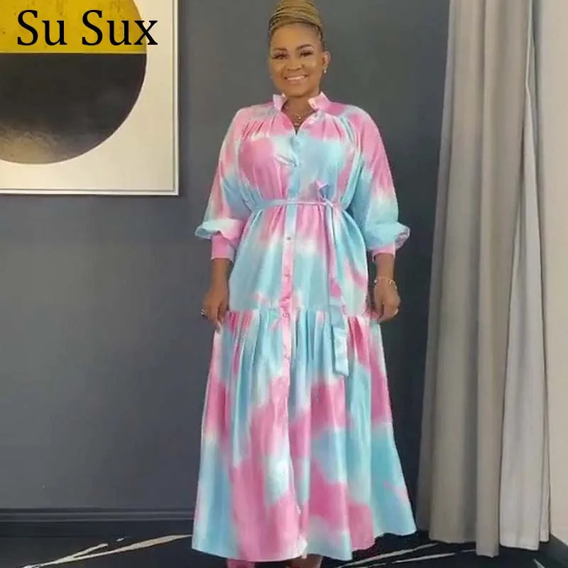 

Print Maxi Dress African Clothes For Women Long Shirt Robe Africa Clothing Stand Collar Long Sleeve Blouse Dress Partyclub 2021