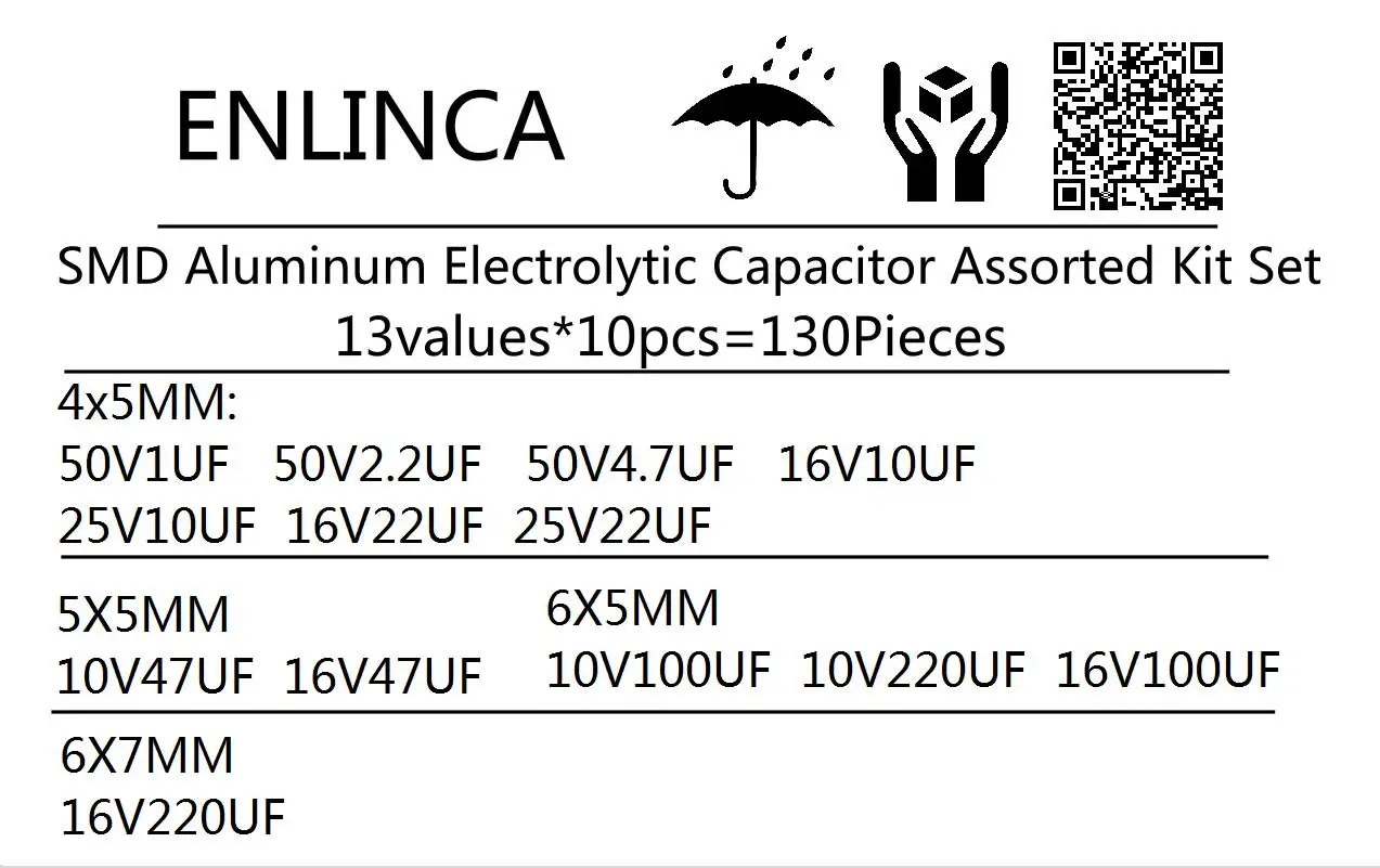 130PCS/LOT 13values*10pcs Samples Kit 10v 16v 25v 35v50v 1uF - 220uF SMD Aluminum Electrolytic Capacitor Assorted Kit Set