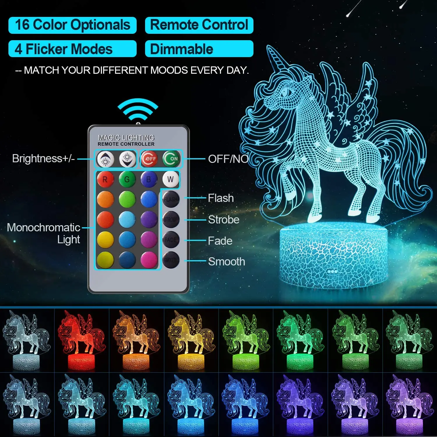 Nighdn 3D LED Unicorn Night Light for Kids Gifts Toys Unicorn Lamp 16 Colors Change with Remote Valentine\'s Day Present Birthday