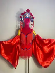 Red chinese folk dance costume stage show wear sexy bikini Peking Opera Headwear full set