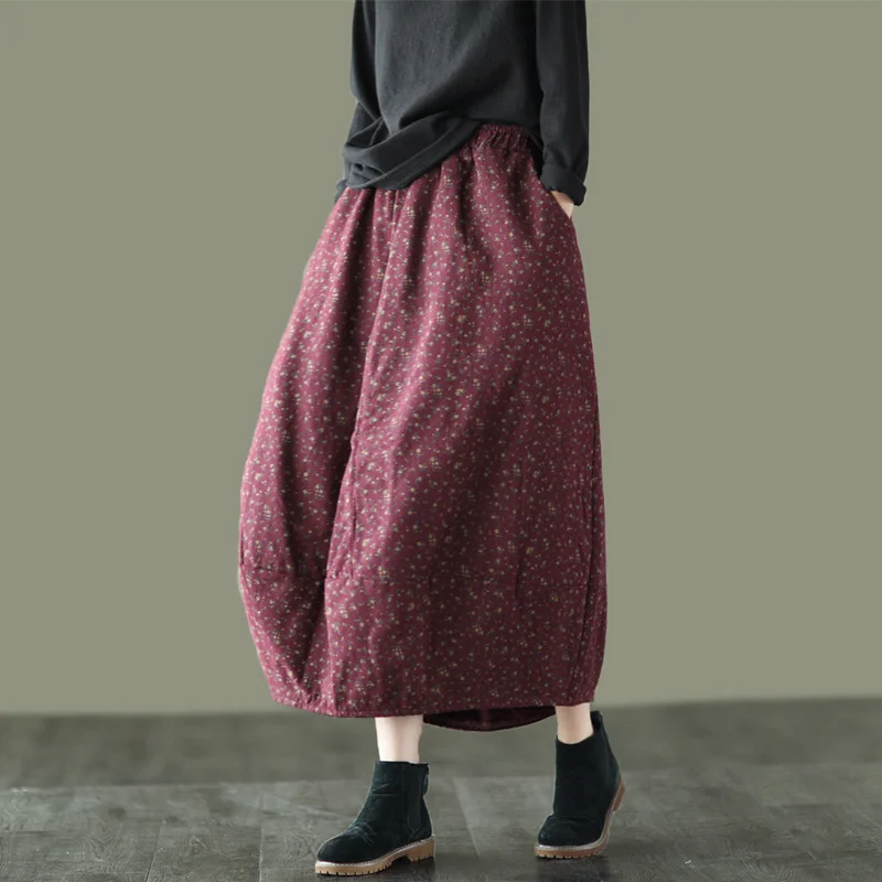 

NINI WONDERLAND 2022 Autumn Winter Plus Cotton Bud Skirts Women Print Flower Loose Skirt Elastic Waist Thicken Mori Girl Skirt