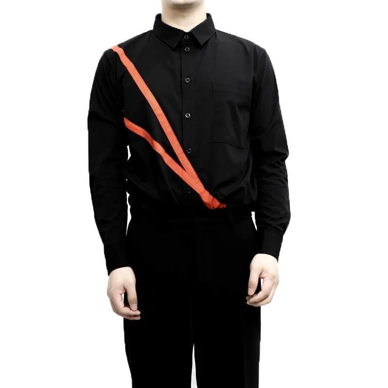 

S-6XL!!Male shirt pure cotton stripe stitching black department casual style red stripe slim.