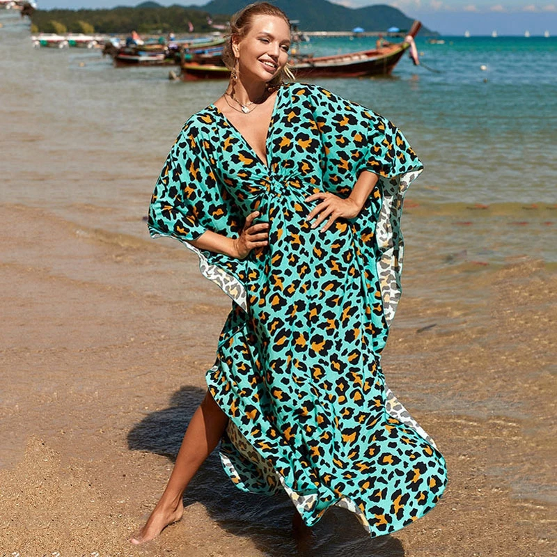 

New Chic Kaftan Animal Print Knot Ornament Long Tunic High Waist V-Neck Resortwear Beach Cover Up Rayon Flowy Night Gown Women