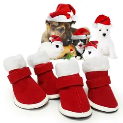 4 Pcs/Sets Santa Dog Shoes For Small Dogs Winter Warm Fleece Puppy Pet Shoes Windproof Dog Snow Boots Chihuahua Yorkie Shoes