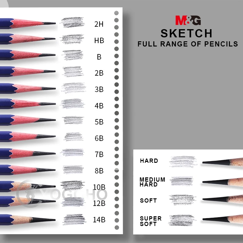 

M&G 12pcs Professional 2H/2B/4B/6B/8B/14B Sketching and Drawing Graphite Charcoal Pencil Student Sketch Hand Painting Tools