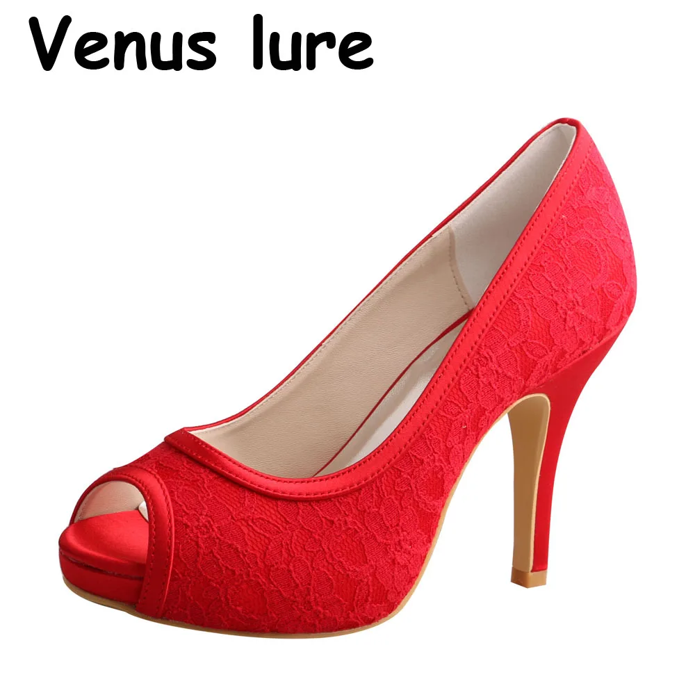 

Customized Platform High Heeled Red Lace Bridal Shoes Open Toe Heels for Women Size 4