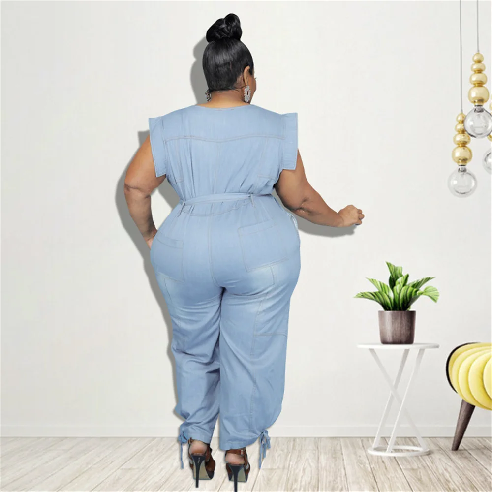 Tuta Plus Size abbigliamento donna Denim girocollo allacciato senza maniche pantaloni tasca Stretch body Dropshipping all'ingrosso