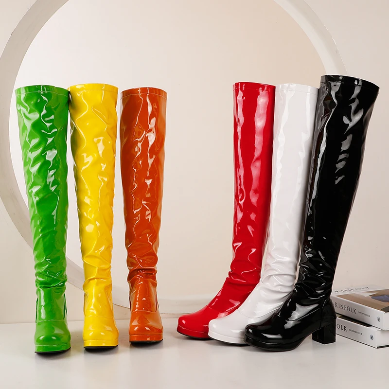 Orange Oversized Patent Leather Thick-Heeled Over-The-Knee Boots Green Bright Leather Boots Purple Mid-Heeled Boots Yellow Red