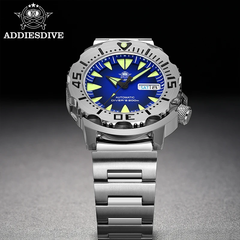 ADDIESDIVE Men Monster Watch AD2103 Luminous Sapphire Glass NH36 Diver Water Resistant 316L Stainless Steel Mechanical Watches