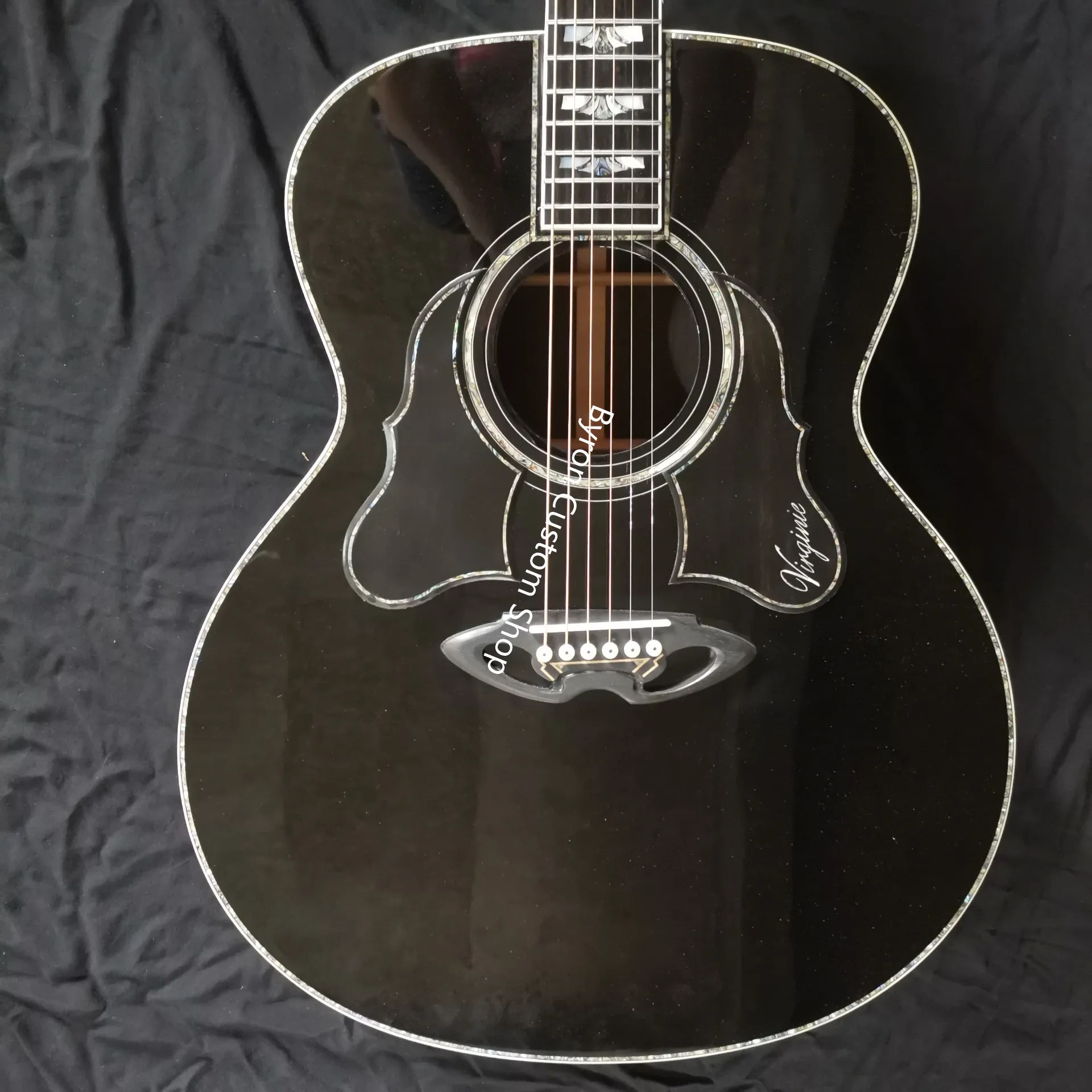 

free shipping AAAA all solid custom Jumbo guitar 43 inches guitar handmade solid black gloss acoustic electricguitar