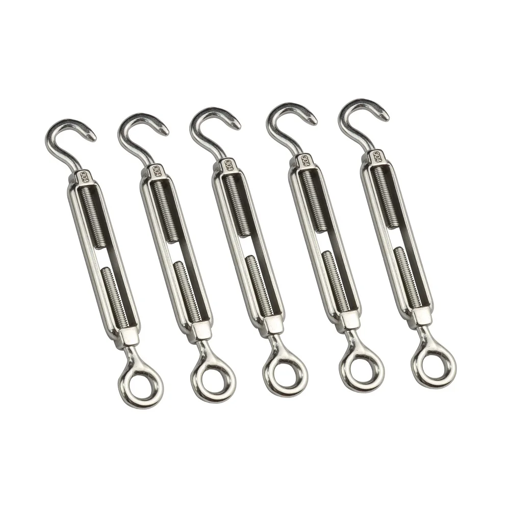 5PC 304 Stainless Steel Hook And Eye Turnbuckle Wire Rope Tension Polished Rigging Hardware M4 M5 M6 M8 M10 For Sun Shade Sail