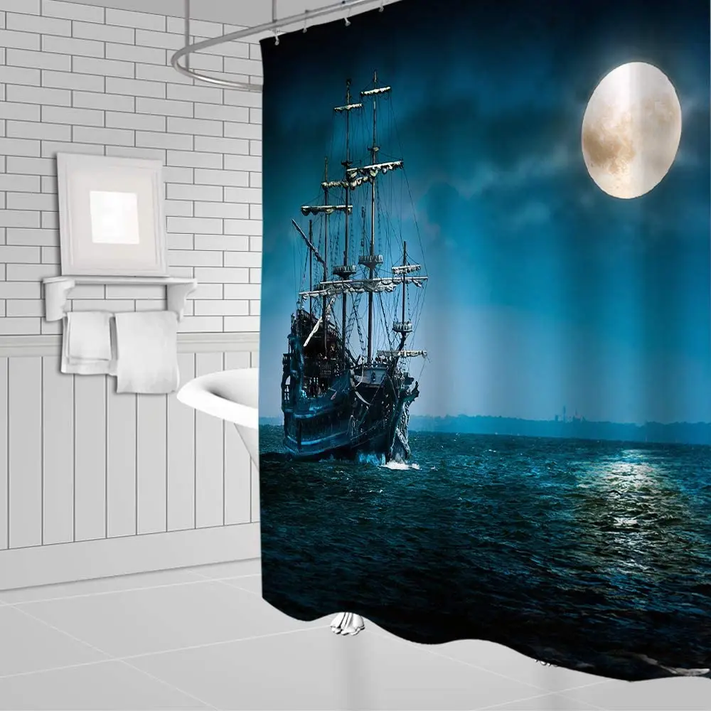 Tropical Ocean Full Moon Sea Water Fantasy Night Scenery Decor Blue Fabric Bathroom Curtains