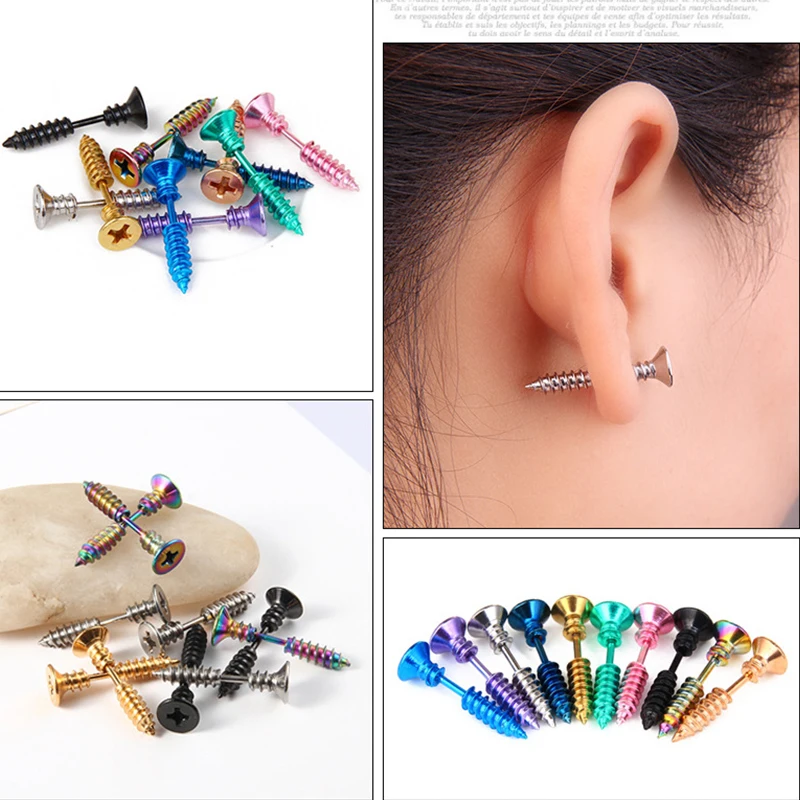 1pc Unisex Women Men Earrings Stainless Steel Piercing Nail Screw Stud Earrings Punk Rock Helix Ear Piercings Spiral Jewelry