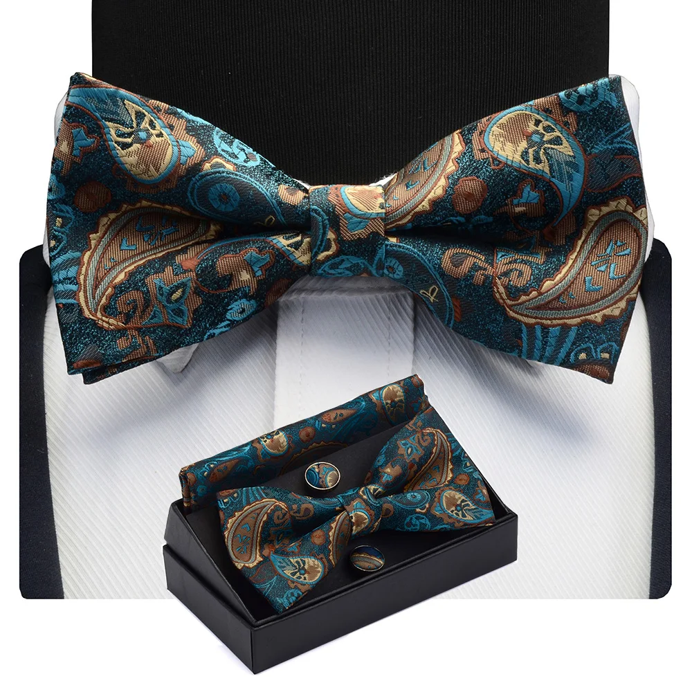 GUSLESON Men\'s Bow Tie Set Paisley Floral Bow tie Pocket square Cufflinks With Gift Box For Man Gold Red For Wedding