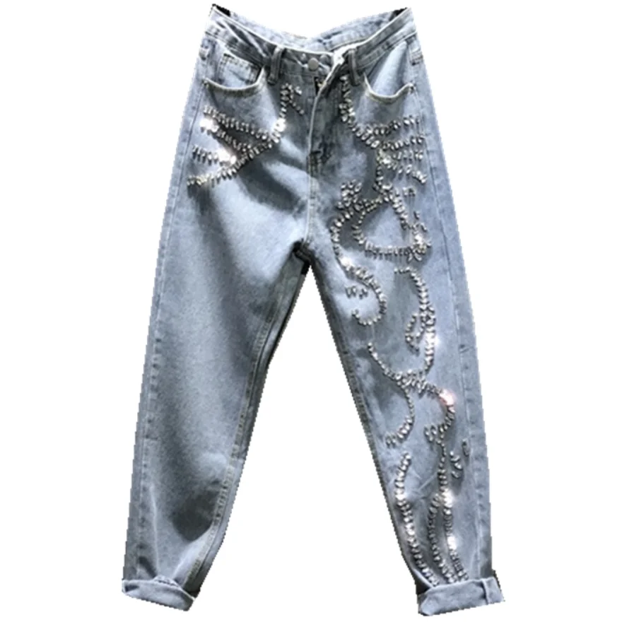 Rhinestone jeans women spring summer Heavy Industry fashion Beads High Waist Loose Straight Casual cross pants