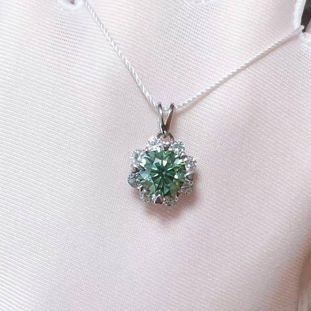 

Flower Design 2CTW Size 8mm Blue-green Color Real Moissanite Pendant Synthesis Diamond Necklace S925 Silver For Women Wedding