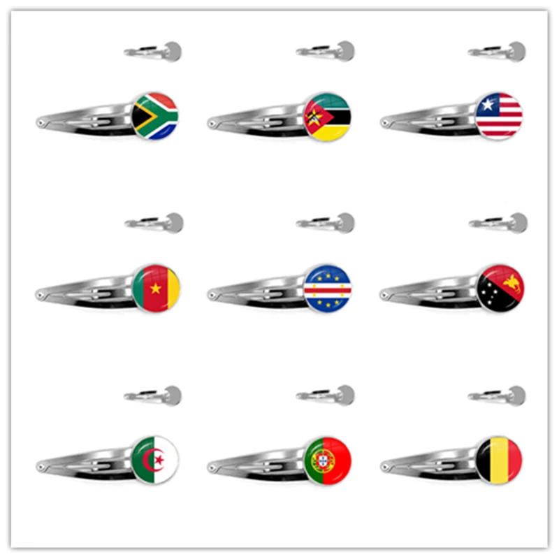 South Africa,Mozambique,Liberia,Cameroon,Verde,Papua New Guinea,Algeria,Belgium,Portugal National Flag Glass Cabochon Hair Pins