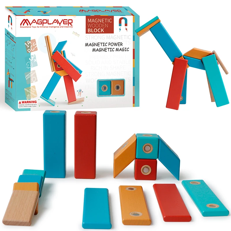 Blocos magnéticos de madeira para crianças, brinquedos de inteligência arco-íris, brinquedos educativos de madeira DIY, melhores presentes para crianças, Dropshipping, 14PCs