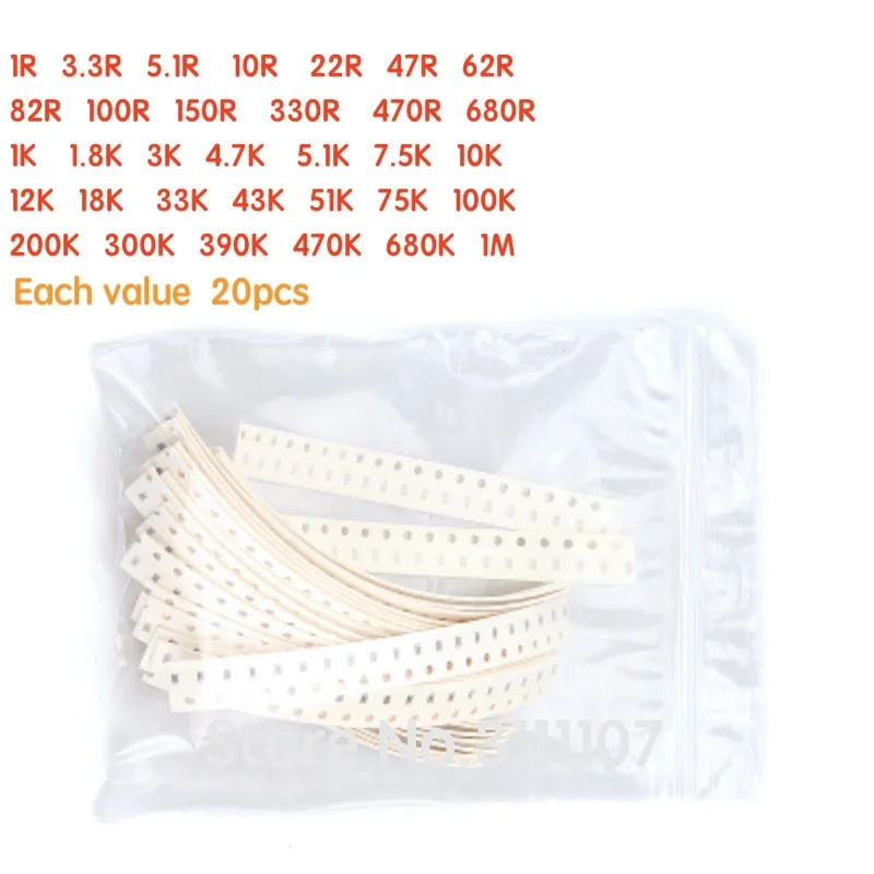 1206 1% SMD Resistor Kit Assorted Kit 1ohm-1M ohm 33Values *20PCS =660PCS Kit