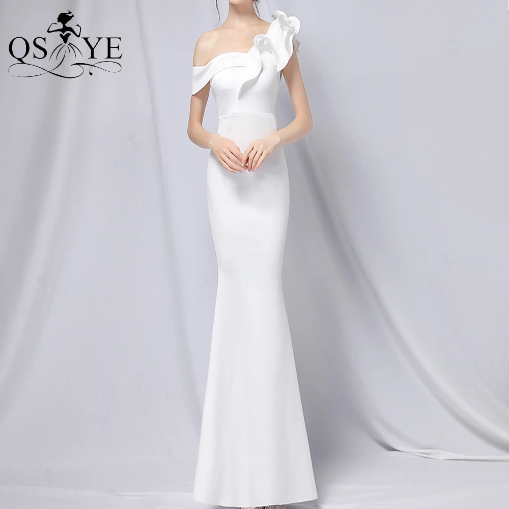 White Evening Dresses One Shoulder Mermaid Formal Gown Side Sleeves Shoulder Ruffles Prom Dress Stretch Fitted White Party Dress