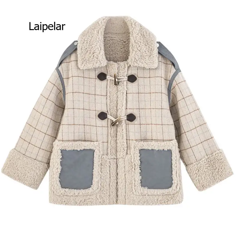 

Lamb wool short down cotton padded jacket women's Korean loose winter plaid jacket