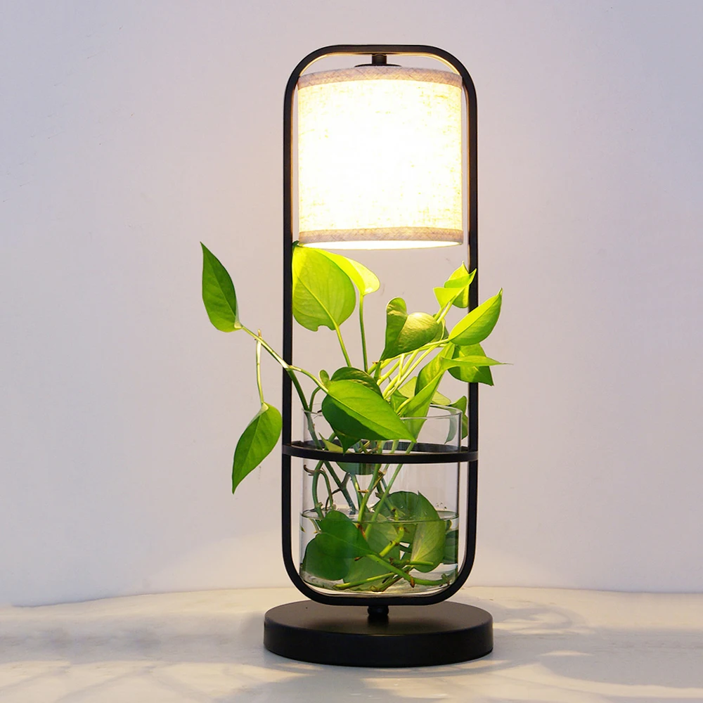 Fashion Nordic Bedside LED Glass Plant Table Lamp,Modern Office Study Table Light Fabric Art Desk Lamp for Home Lighting