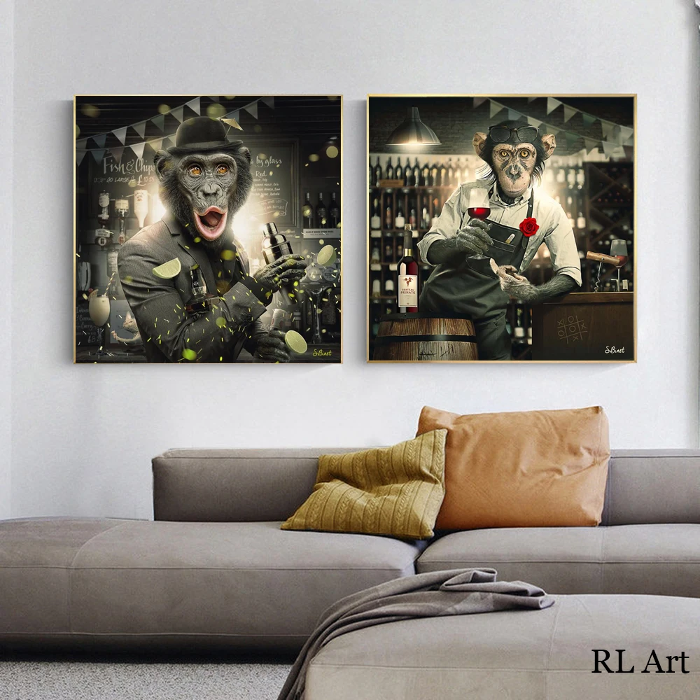 

Animal Painting Posters and Prints for Room Decor, Wall Painting, Monkey Art, Drinking Red Wine at the Bar, Canvas Pictures