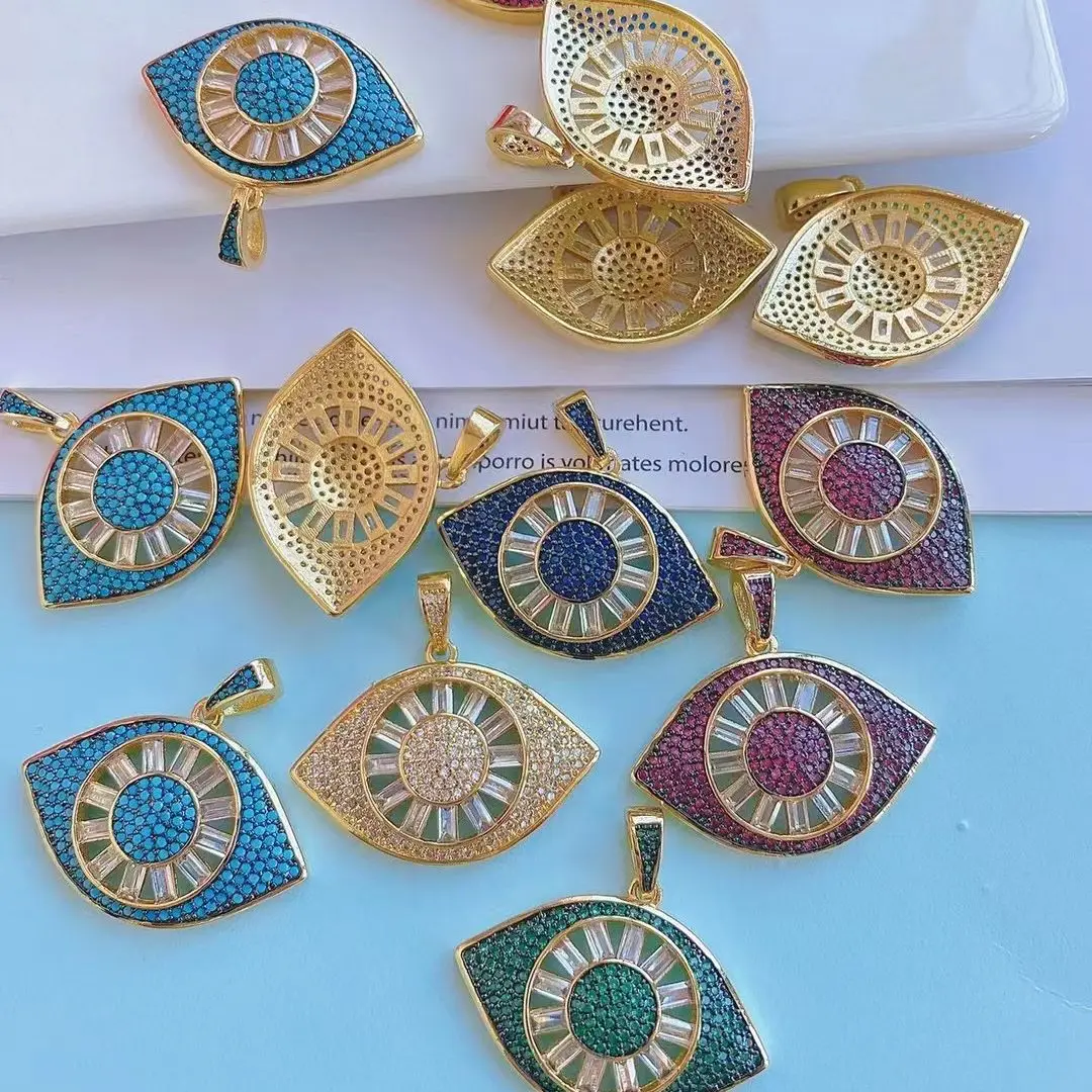 

6Pcs 2022 CZ Cubic Zircon Evil Eye Pendants, gold plated big Eye Charms, blue, pink ,white color Turkish Jewelry