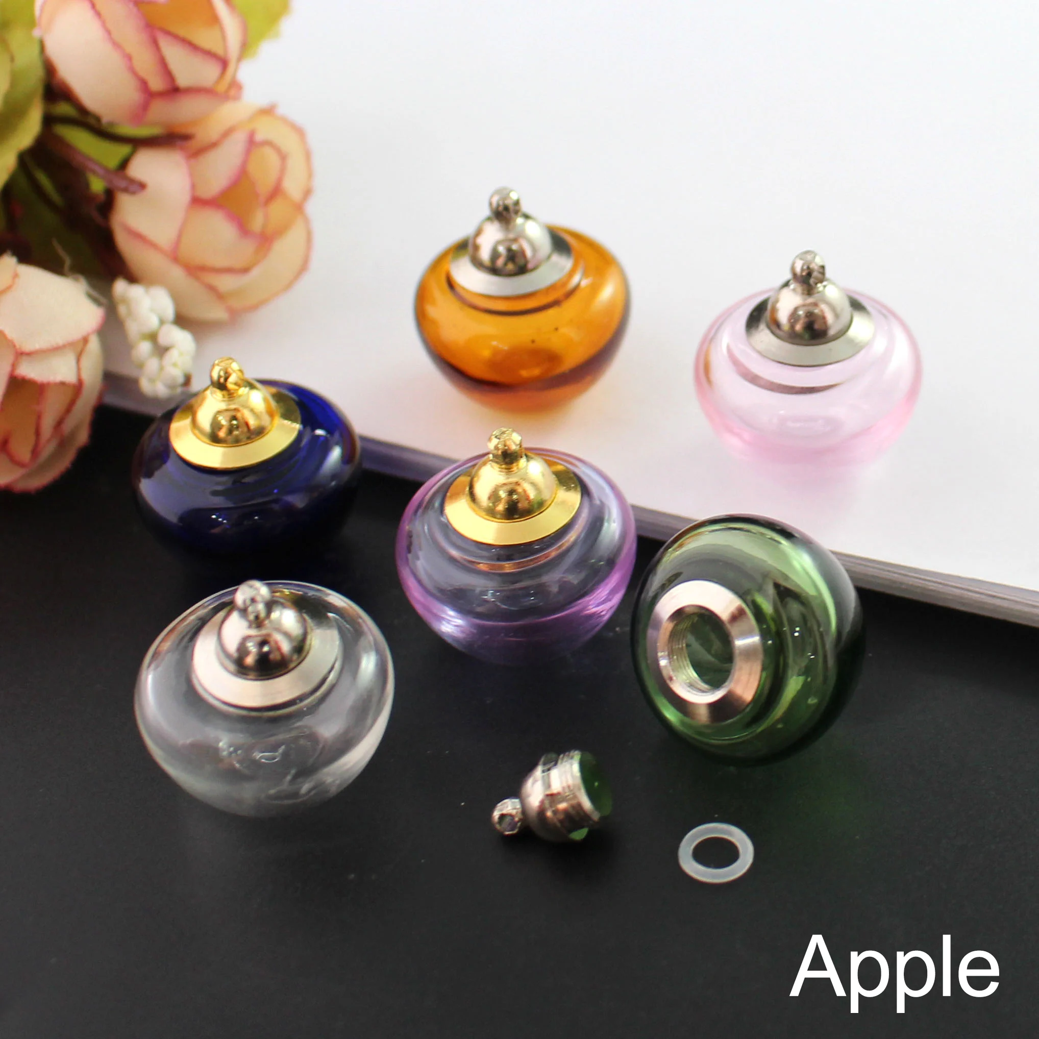 2PCS 20MM Colorful Glass Apple with Metal Screw Cap Mini Vials Pendants Tiny Vial Ring Glass Vial Pendant Diy Jewelry Finding